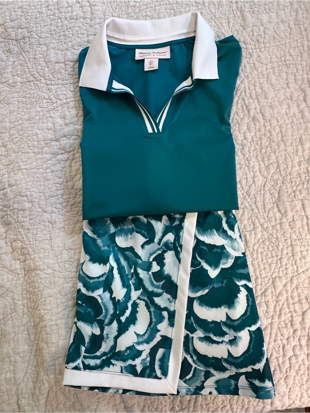 Tommy Bahama Teal and White Racquet & Paddle Polo